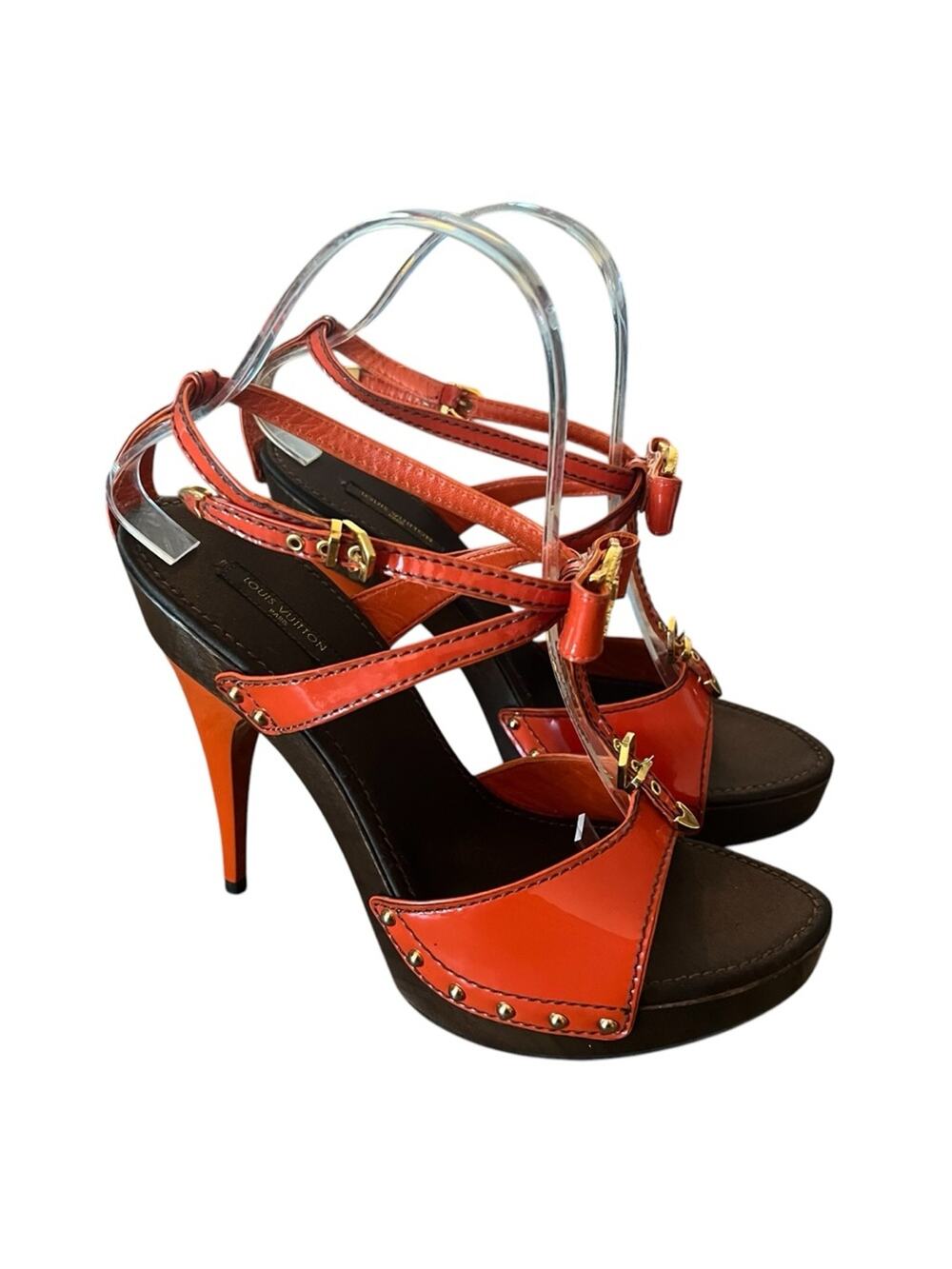 Louis Vuitton Patent Leather TStrap Stiletto Heels Sandals Orange EU 39.5 US 9.5